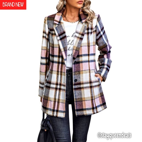Women's Plaid Shacket Jacket Wool Blend Button Front Pockets Fall Winter